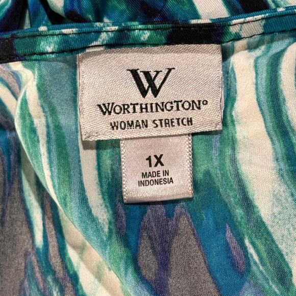 Worthington 1X-Large Top Cap Sleeves Stretch Ruffled Scoop Neck Abstract Multi - Picture 6 of 7